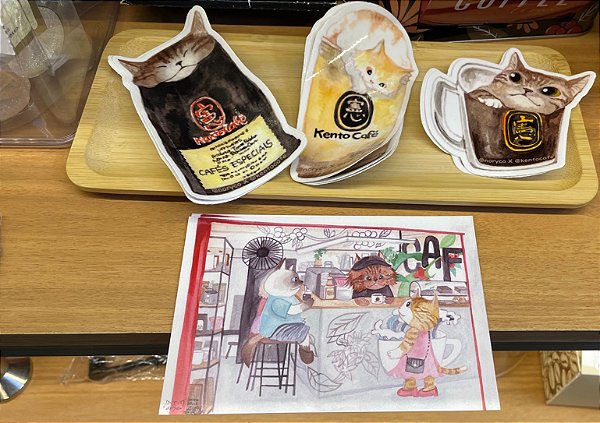 Kit 3 adesivos e 1 Postal CoffeeCat Artes Originais