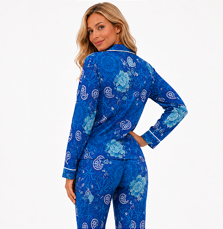 Pijama Longo Azul Floral