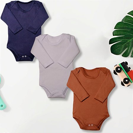Kit 3 Pçs Body Infantil M/Longa 1 A 3 Anos Liso 100% Algodão Menino