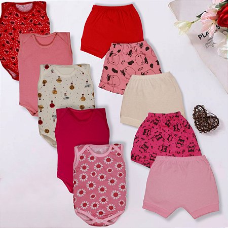 Kit 10 Peças Body Regata E Shorts Bebe Menina 100% Algodão