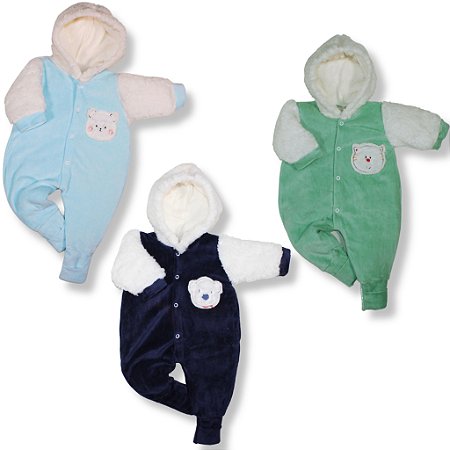 Kit 3 Pçs Macacão Bebe Pelúcia Bordado Pele Carneiro Na Touca Menino