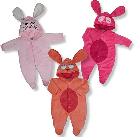 Kit 3 Peças Macacão Bebe Plush Com Orelha Bordado Capuz Pelúcia Menina