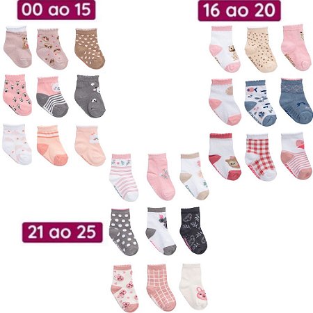 Kit 6 Pares Meia Pimpolho Antiderrapante Menina 0 A 25