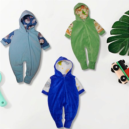 Kit 3 Peças Macacão Bebe Plush C/ Zíper Pelúcia Macio Menino