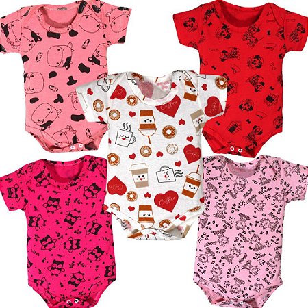 Kit 5 Peças Body Bebe M/curta Estampado 100% Algodão Menina