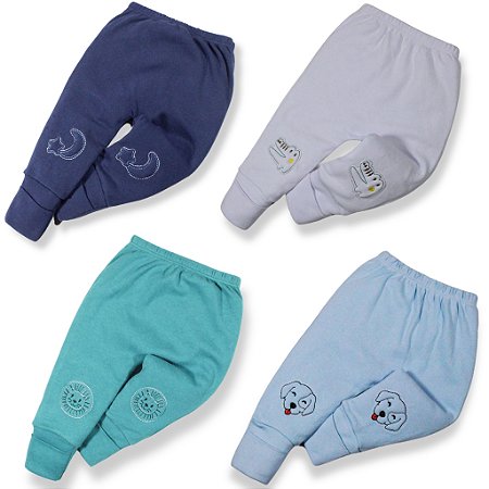 Kit 4 Peças Mijão Calça Bebe Suedine Bordado Vira Pé Menino