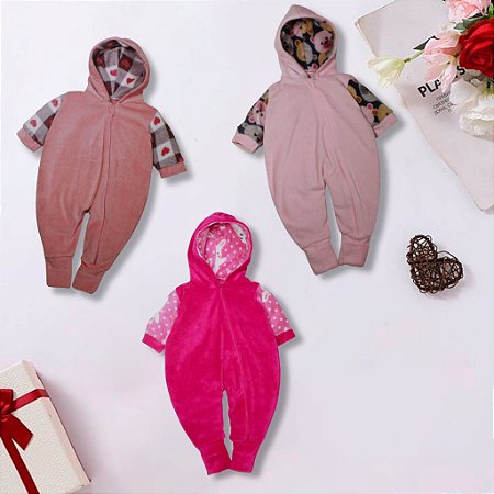 Kit 3 Pçs Macacão Bebe Plush C/ Zíper Pelúcia Macio Menina