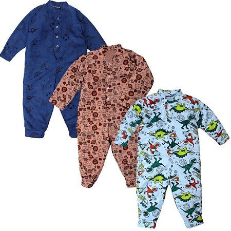 3 Pijama Macacão Soft Longo Inverno Infantil 1 Á 8 Menino