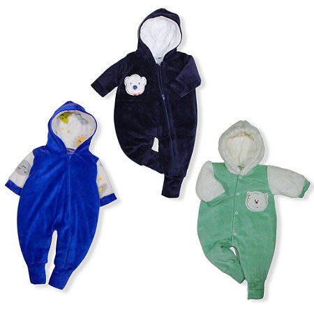 Kit 3 Peças Macacão Plush Bebe Bordado  Variados Capuz Pelúcia Menino