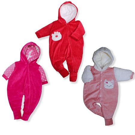 Kit 3 Peças Macacão Plush Bebe Bordado Variados Capuz Pelúcia Menina