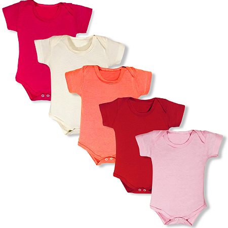Kit 5 Peças Body Bebe Manga Curta Liso malha 100% Algodão Menina