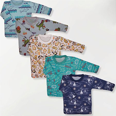 Kit 5 Pçs Camiseta Bebe Malha M/ Longa 0 A 3 Menino