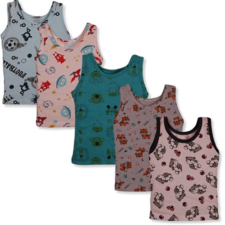 Kit 5 Pçs Camiseta Regata Estampada Infantil Bebe 100% Algodão Menino