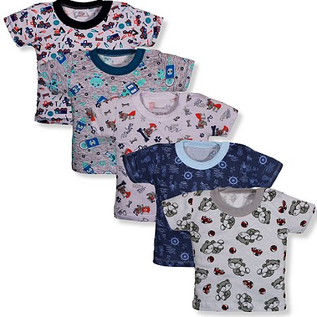 Kit 5 Pçs Camiseta Infantil Bichos Bebe 100% Algodão Menino