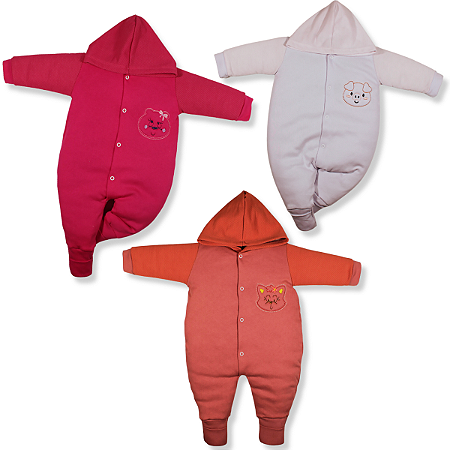 Kit 3 Peças Macacão Bebe Capuz Macio Bordado Algodão Menina