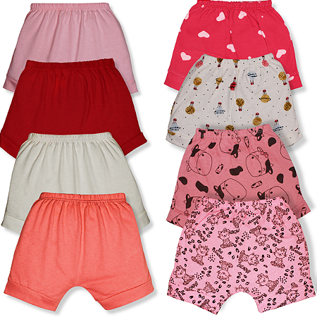 Kit 8 Peças Shorts Bebe Infantil Malha Lisa E Estampado 100% Algodão Menina