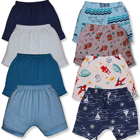 Kit 8 Peças Shorts Bebe Infantil Malha Lisa E Estampado 100% Algodão Menino