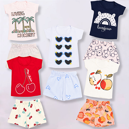 Kit 5 Conjunto Cotton Fio 30 Infantil Verão Tam 1 A 8 Menina