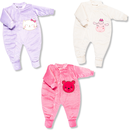 Kit 3 Peças Macacão Plush Bordado 3D Vira Pé Menina