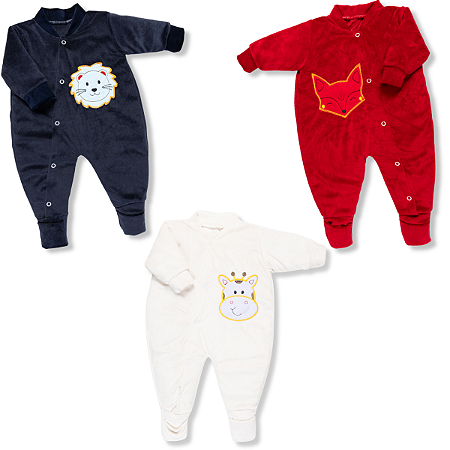 Kit 3 Peças Macacão Plush Bordado 3D Vira Pé Menino