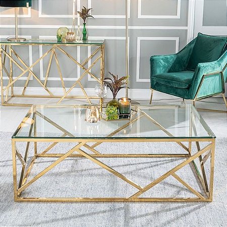 Mesa de Centro Dallas em Inox Dourado com Tampo de Vidro