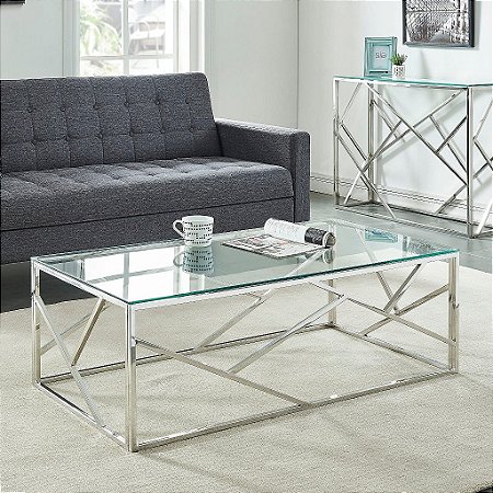 Mesa de Centro Dallas em Inox Polido com Tampo em Vidro