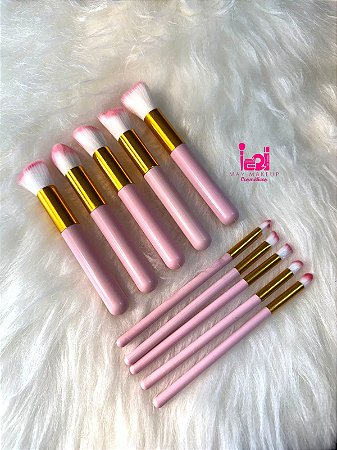 Kit c/10 pincéis para maquiagem cor rosa