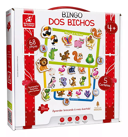 Jogo Bingo Dos Bichos Brinquedo Madeira Educativo 68 Peças