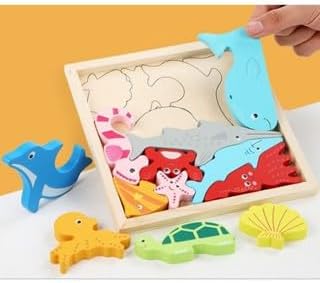Tabuleiro Quebra-cabeça 3D em Madeira com script Empilhe e Encaixe. Brinquedo Educativo Montessori (Animais do Mar)