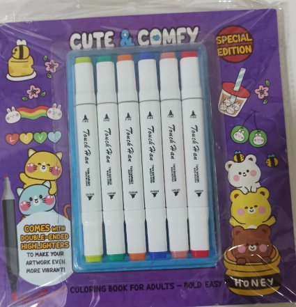 Caderno de Colorir Cute e Comfy + 6 Canetinhas Ponta Dupla - Kit Criativo Premium Infantil Adulto Antiestresse