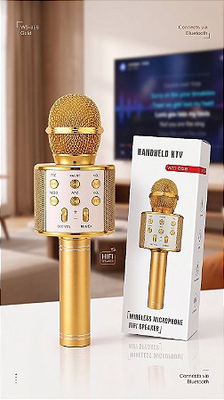 Microfone Bluetooth Sem Fio Karaoke Porta Usb Alto-falante Embutido Dourado