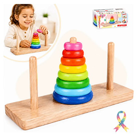 Brinquedo Pedagogico Torre De Hanoi Empilhar Madeira Pinos