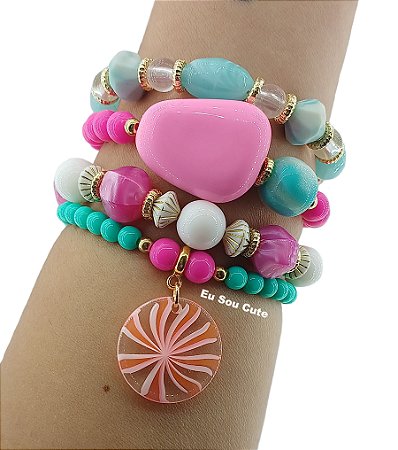 Mix Pulseiras Pink e Verde Turquesa | Ref: KITPLBR486