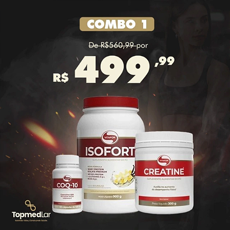 Combo Promocional 01: Coenzima q10 30 capsulas 500mg + Creatine pote 300g + Isofort 900g Baunilha