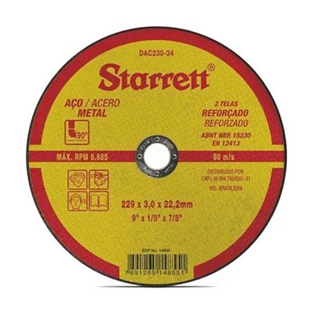 Disco de corte STARRETT 9'' (1/8"x7/8")exact - 8946 - dac230-34x