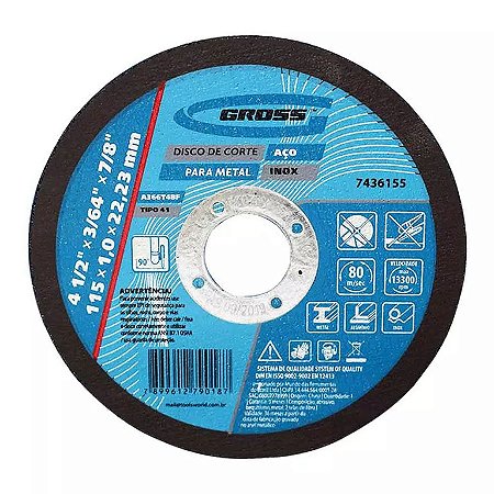 Disco de corte gross inox e metal, 115 x 1,0 x 22 mm- 0187 - 7436155