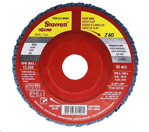 Disco flap STARRETT 4.1/2" x 7/8" grao 60 vermelho - 4214 fdx115-60nf