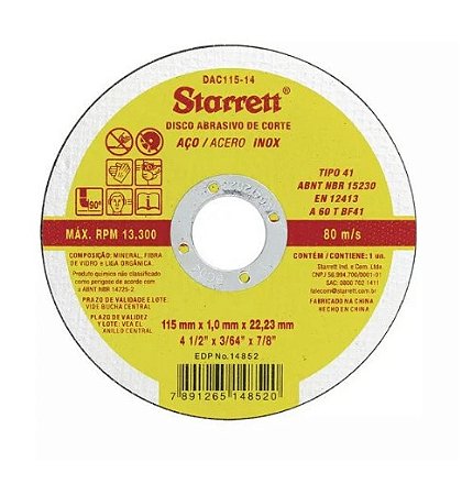 Disco de corte STARRETT 4.1/2 X 3/64 X7/8 PACOTE C/12