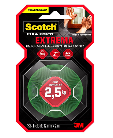 Fita Dupla Face Scotch® 3M Fixa Forte Fixação Extrema, 12 mm x 2 m