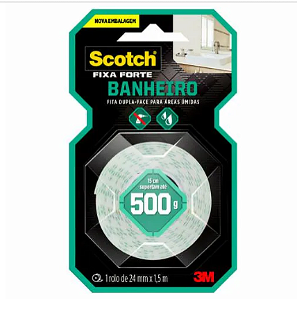 Fita Dupla Face 3M™ Scotch® Fixa Forte, Banheiros, 24 mm x 1,5 m
