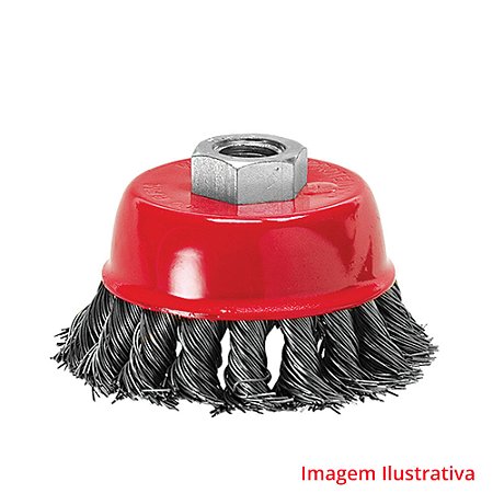 Escova tipo copo, aco carbono, torcida, rosca m14 100mm