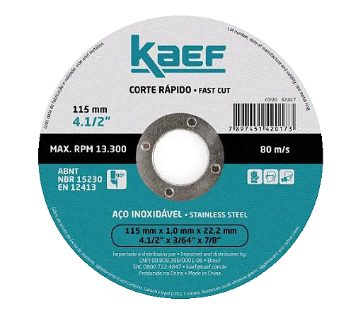 Disco de Corte Inox Kaef - CORTAG 115 mm x 1,0 mm - 4.1/2" X 3/64" X 7/8" PACOTE C/25