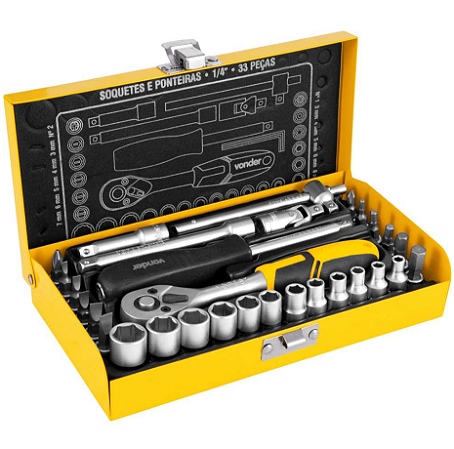 Jogo de Soquetes e Ponteiras de 4 a 13mm Encx 1/4" com 33 Peças VONDER