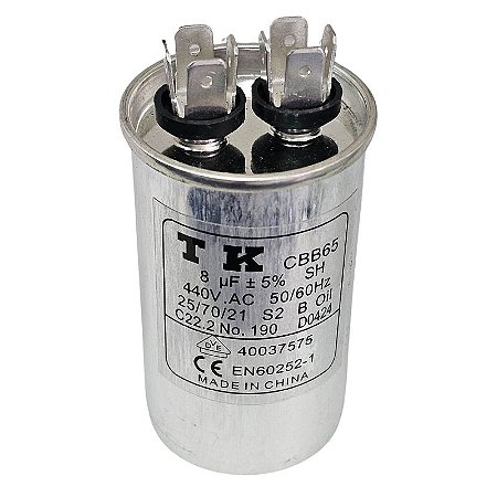 Capacitor Polipropileno 8uF x 440V 50/60Hz Alumínio Faston CBB65 TK
