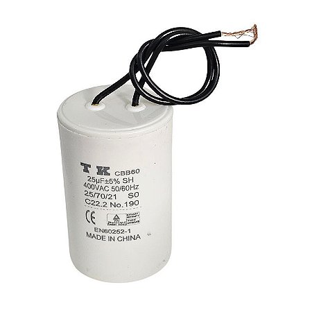 Capacitor Polipropileno 25uF x 400Vac 50/60Hz Plástico Fio CBB60 TK