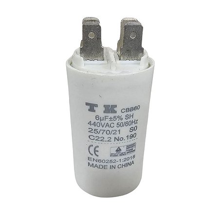 Capacitor Polipropileno 6uF x 440Vac 50/60Hz Plástico Faston CBB60 TK