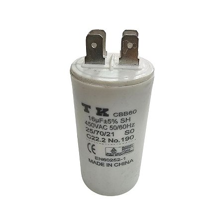 Capacitor Polipropileno 16uF x 450Vac 50/60Hz Plástico Faston CBB60 TK