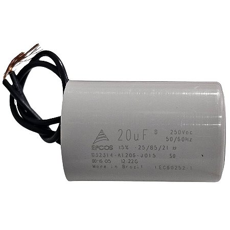 Capacitor Polipropileno 20uF x 250Vac 50/60Hz Plástico Fio Epcos