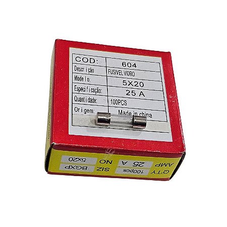 Fusível 25A 250V Pequeno 5X20 Vidro Cx 100pçs