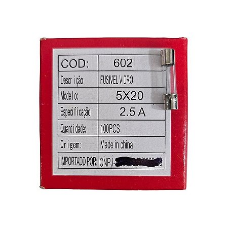 Fusível 2,5A 250V Pequeno 5X20 Vidro Cx 100pçs